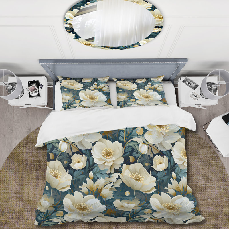 Literie ivoire à motif floral élégant I, Housse de couette pour très grand lit et 2 très