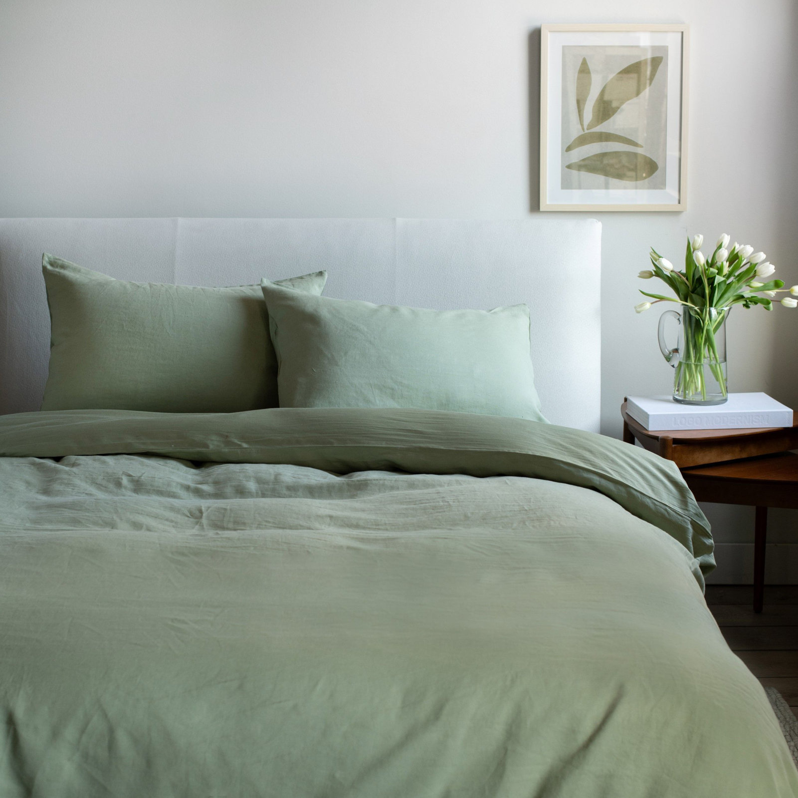 French Linen And Cotton Duvet Cover & Sham Set, Matcha, King Duvet Cover + 2 King Pillow Shams