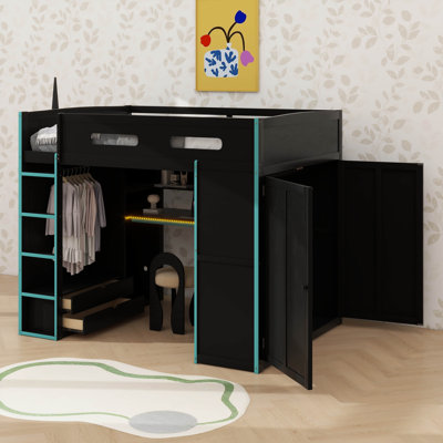 Full-Scale Robust Wooden Loft Bed With Desk, Wardrobe, Ample Storage, And RGB LED Radiance
