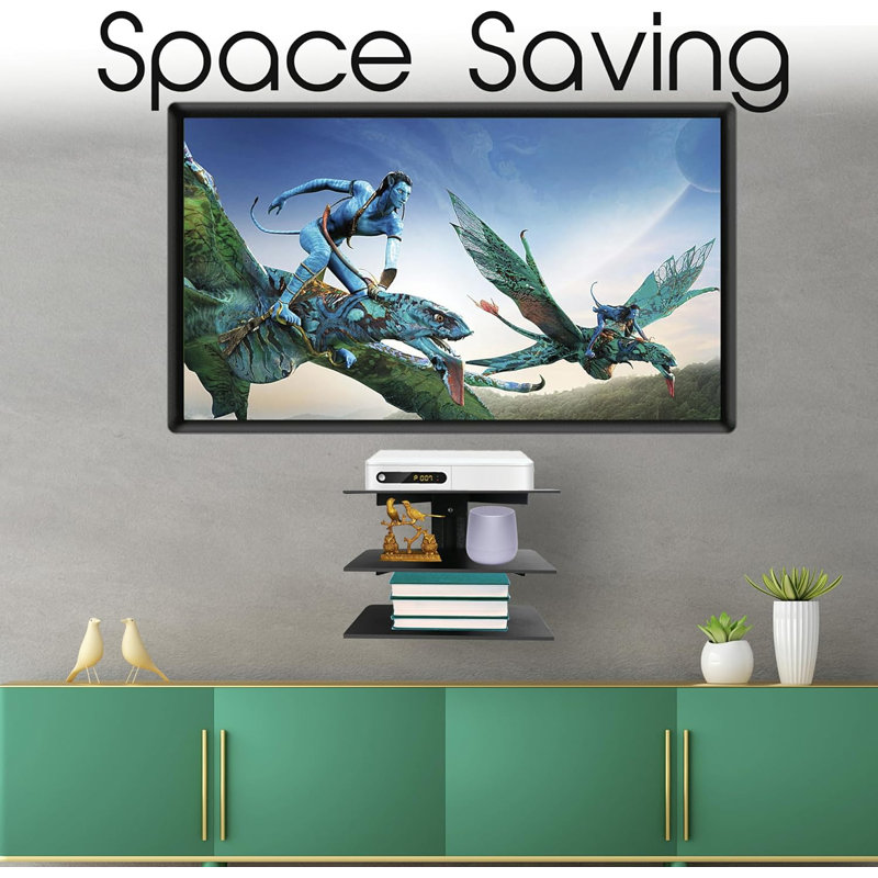 Febtech - Wall Entertainment Center Shelves - Shelf For Projector - Floating Shelves For Tv,Dvd Players,Games Consoles, Cable Boxes, Tv Accessories, 3 Shelf, Black