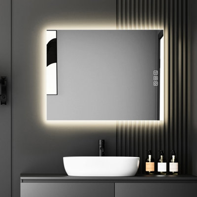 Miroir de salle de bain 36 po x 28 po à DEL: 5, 3 températures de couleur réglables, pleine réflexion sur le Hd, brouillard, eau Ip44, mur de 36 po x 28 po à 5 minutes à intensité variable, Cri90 +, cadre sablé argenté