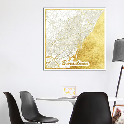 Barcelona Gold Leaf Urban Blueprint Map by Hubert Roguski - Wrapped Canvas Gallery-Wrapped Canvas Giclée