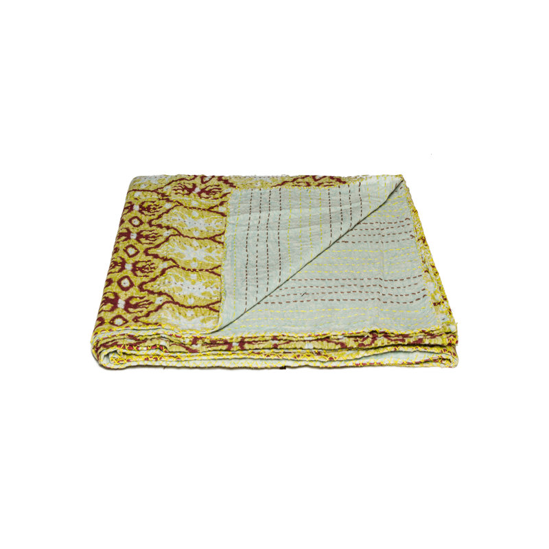 Handmade Sky Blue and Burgundy Cotton Kantha Throw Blanket
