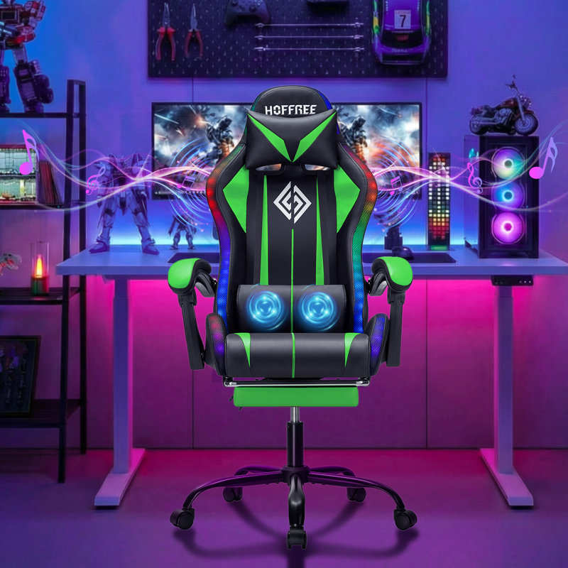 Fauteuil de jeu avec haut-parleurs Bluetooth et lumières à DEL RVB Fauteuil de jeu vidéo de massage ergonomique avec repose-pieds à haut dossier avec support lombaire