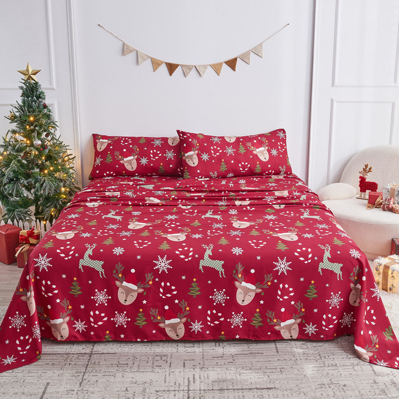 Ensemble de draps 4 po Gogreen, Ensemble de draps pour lit double avec 2 taies d'o, 01-wapiti de Noël
