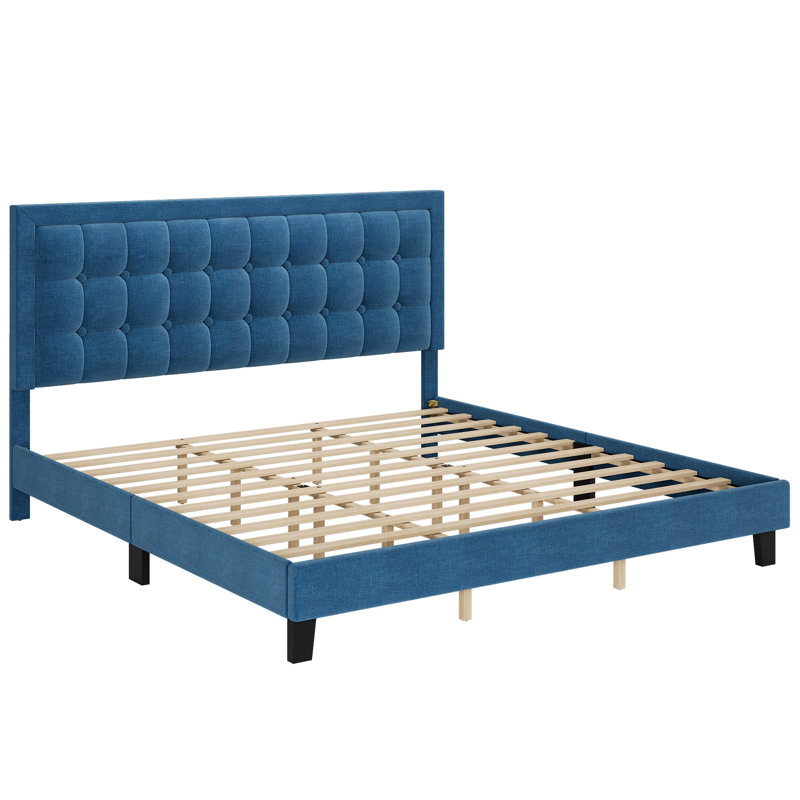 Easy Assembly King Size Square Frame Platform Bed - Blue Metal Frame Design- Wood Slat Support- No Box Spring Needed- Easy AssemblySpace Saving, for Living Room, Guest Room
