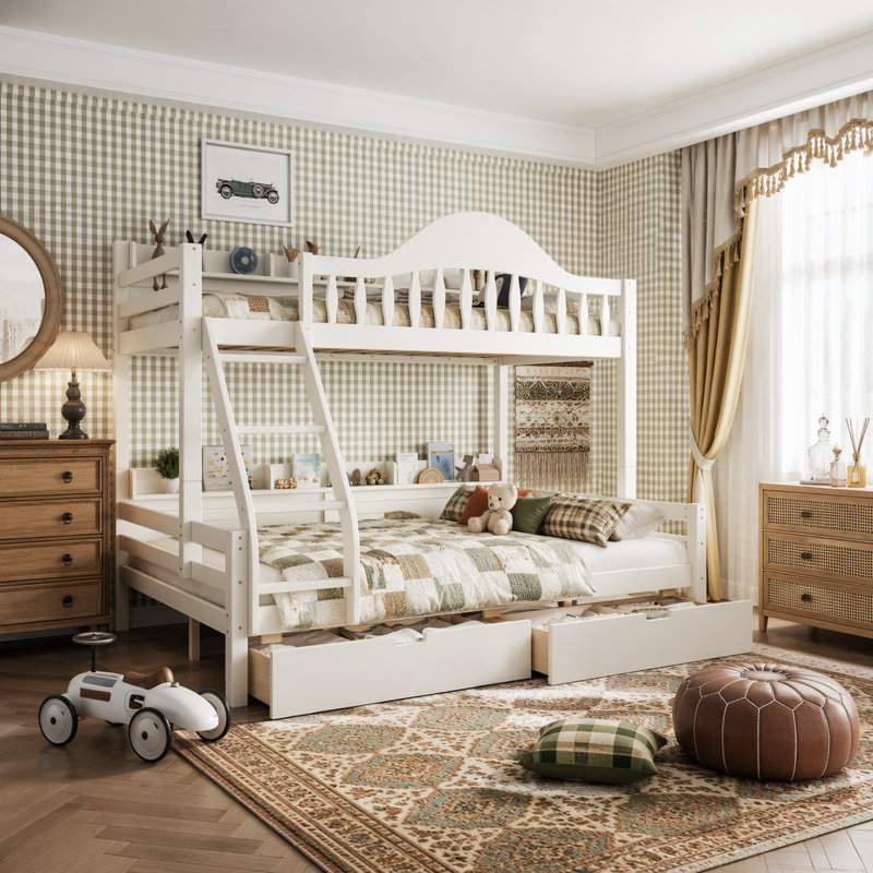 Lit superposé simple au-dessus d'un lit double avec tiroirs de rangement, garde-corps courbé chic et tablettes de rangement latérales, structure de lit superposé en bois massif avec échelle, aucun sommier tapissier nécessaire. Beige