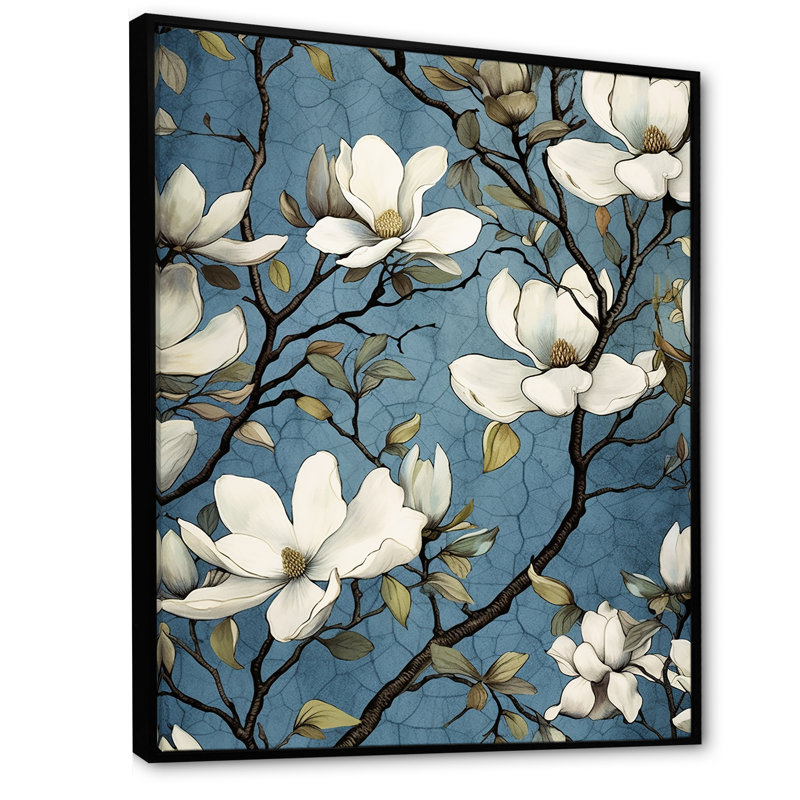 «White Blooimg Magnolias Trees» sur toile imprimée, H 32 po x l 24 po x P 1 po, Cadre flottant noir
