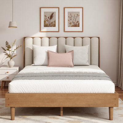 Lit en bois avec tête de lit tapissier et base de lit renforcée