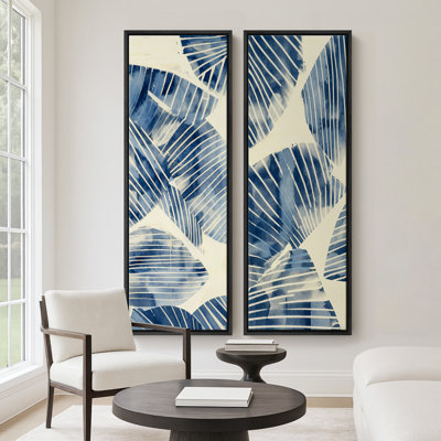 Large Framed Canvas Wall Art Set - Blue Botanical Leaf Modern Indigo Watercolor Beach House Prints - 60"x20"x2pcs