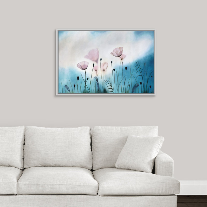 « gossamer prières », peinture sur toile, H 25,7 po x l 37,7 po x p 1,75 po, Cadre flottant blanc