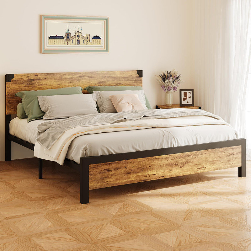Structure de lit plateforme très rustique brun avec tête de lit en bois, pieds en métal, rangement sous le lit, aucun sommier requis, assemblage facile