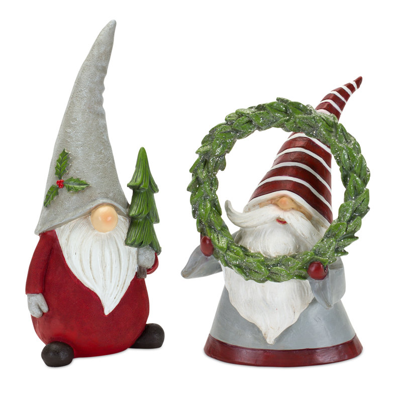 Festive Red and Grey Resin Holiday Gnome Figurine Set