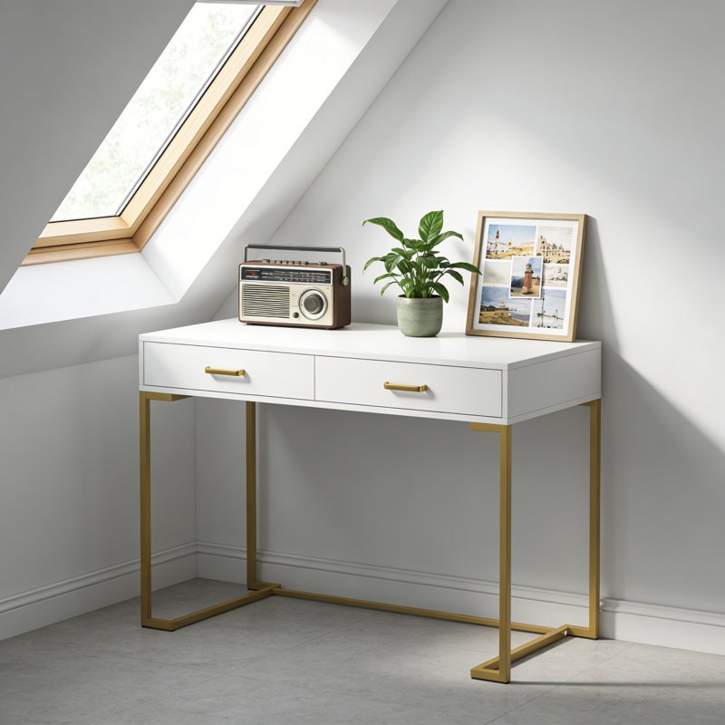 White And Gold Rectangular MDF Writing Desk With Drawer For Home Study Or Workspace