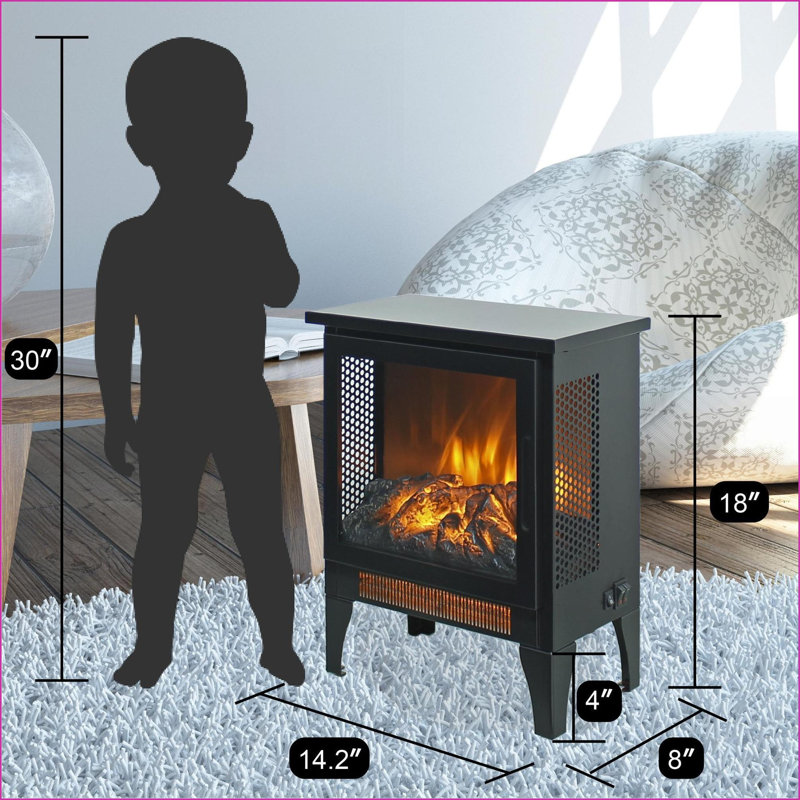 Electric Fireplace Stove Heater, 17in 3D Flame, Black | Freestanding | Tempered Glass+Sheet Metal