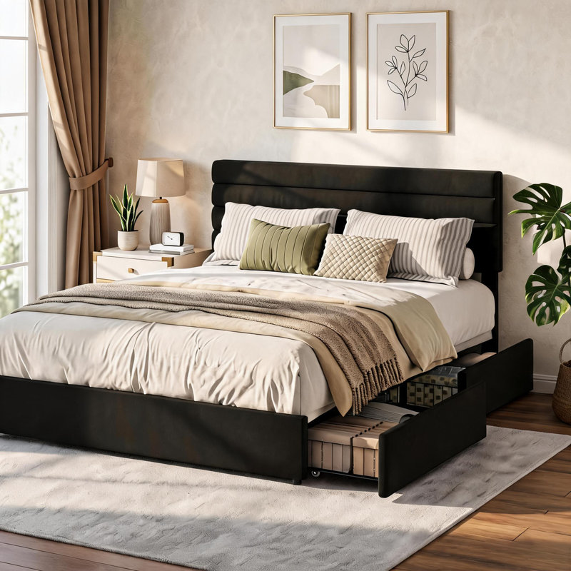 Structure de lit grand format, lit plateforme avec rangement en velours et 4 tiroirs, support de lattes en bois, aucun sommier requis, assemblage facile, noir