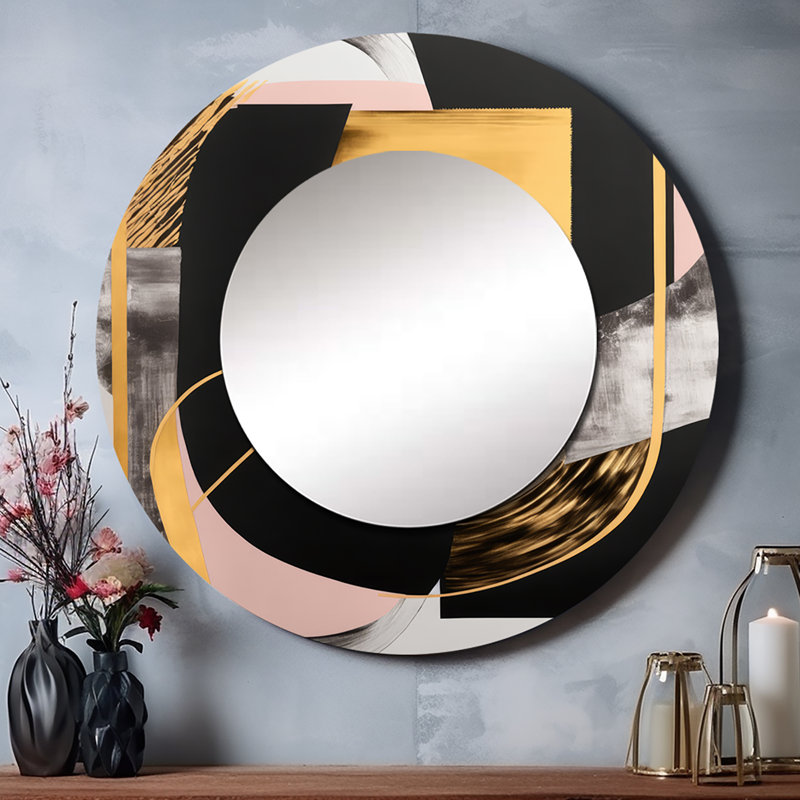 Raequel rose et or, art déco I - miroir décoratif transitionnel, grand miroir mural rond moderne, art imprimé en métal
