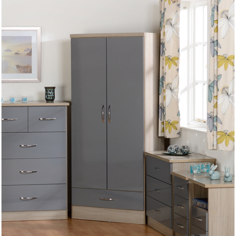 Kosie 1 Drawer Wardrobe, Grey Gloss/Light Oak Effect Veneer