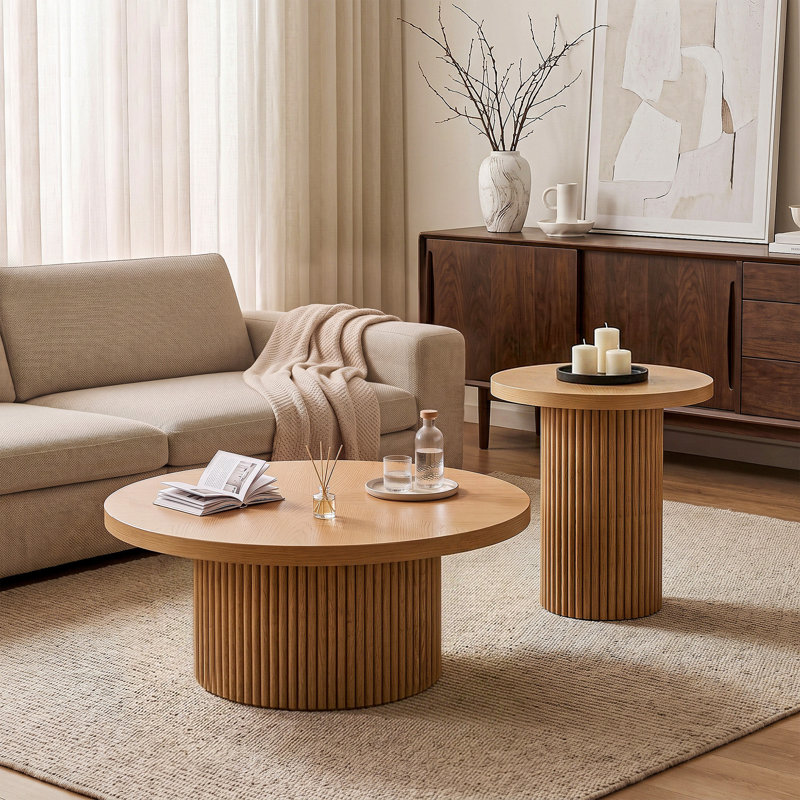 Ensemble de 2 tables basses et table de bout cannelées en bois massif avec base cylindrique, tables de salon modernes fabriquées à la main