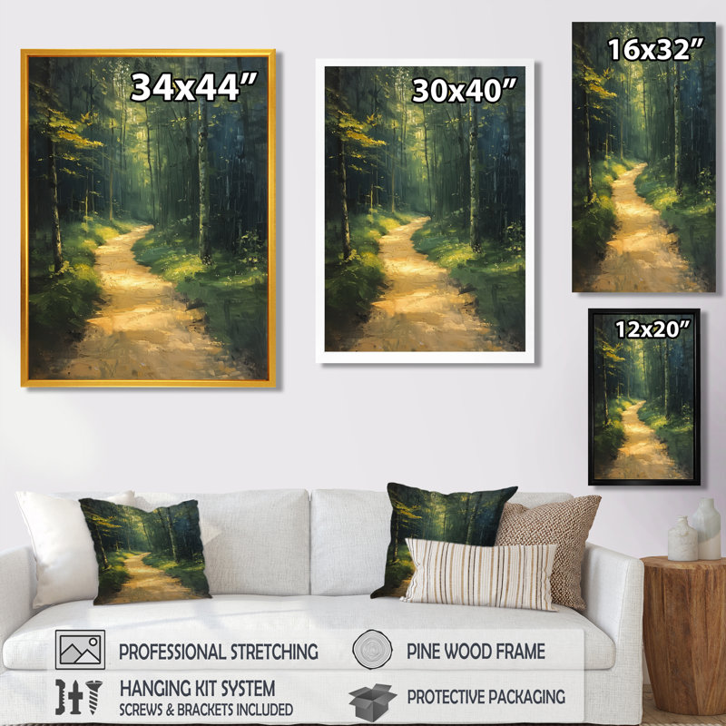 Sentier en bois murmurant l'été II - Décoration murale forêt, H 16 po x l 32 po x P 1 po, Cadre flottant noir