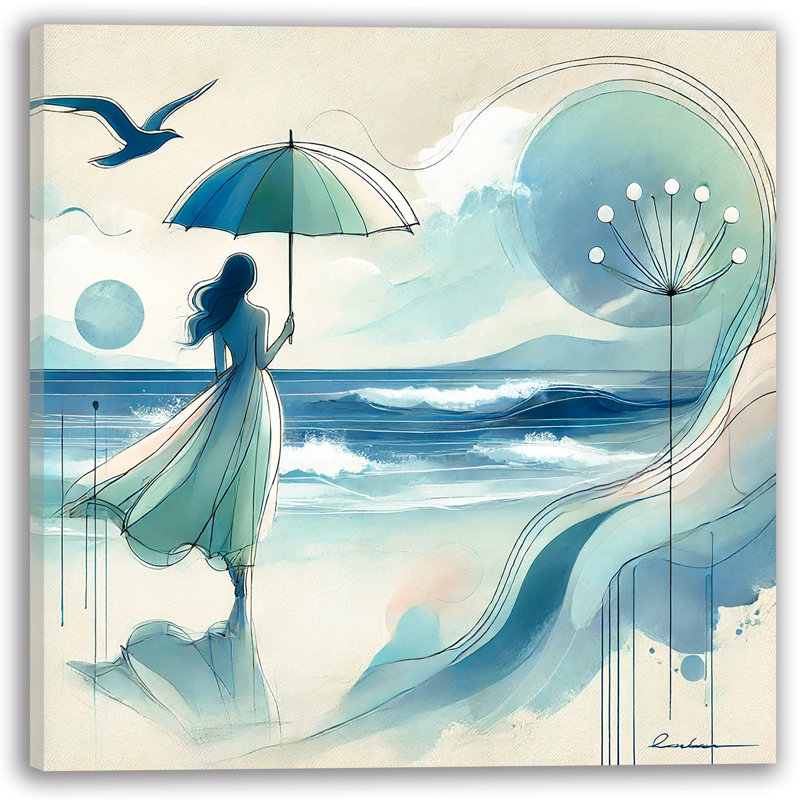 «Dreamy Stroll: Woman with Umbrella by the Seaside», art mural sur toile tendue, H 12 po x l 12 po x P 1 po