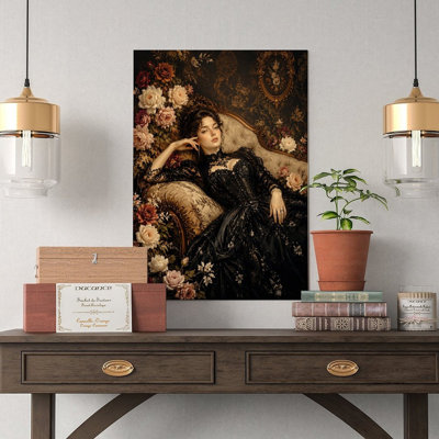 Toile, art mural gothique victorien, dentelle noire, robe, portrait floral, affiche rétro, décoration intérieure