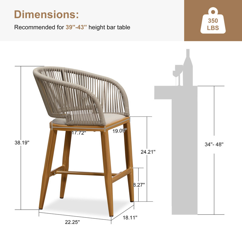 Chaise haute de bar moderne en osier avec coussins intégrés et dossier enveloppant 2 pièces, Teck, Teck