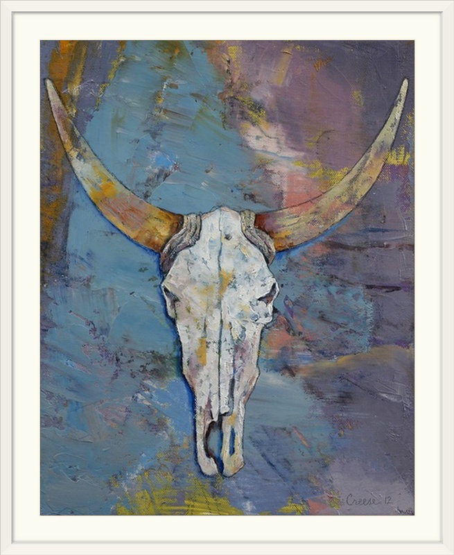 «Aigerim Steer Skull» par Michael Creese, reproduction d'art, H 38 po x l 32 po x P 1 po, Cadre blanc