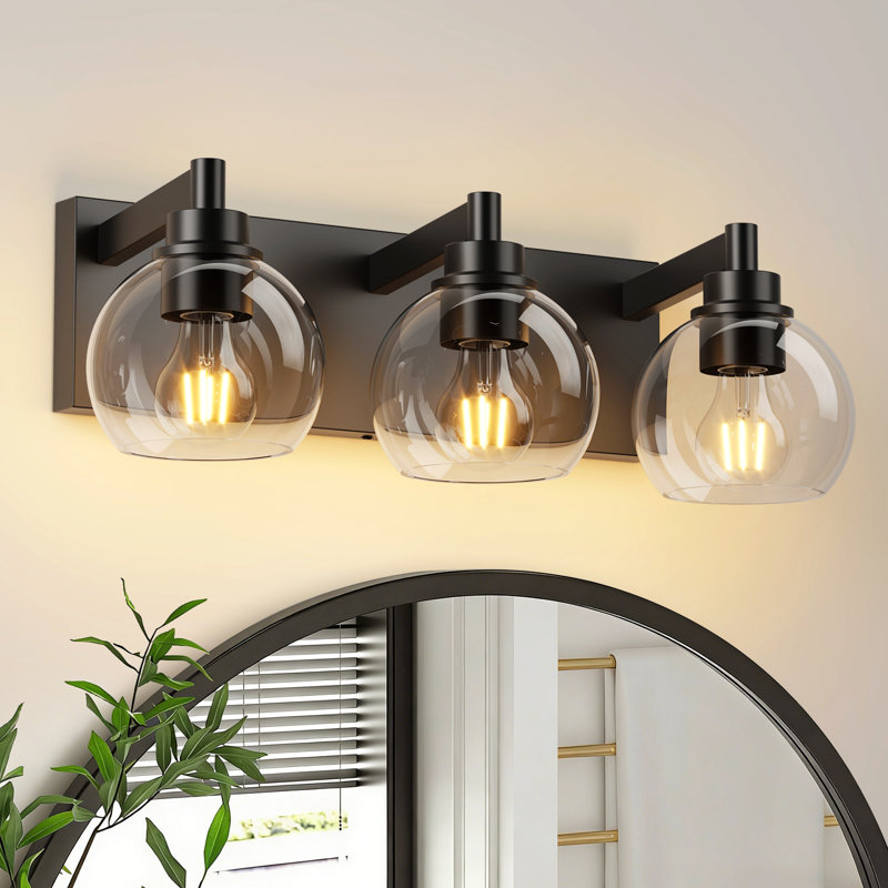 Modern Vanity Light with Clear Glass Globe Shades, 3, Black