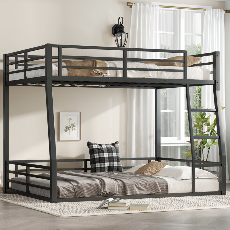  Metal Full XL over Queen Bunk Bed, Space-Saving Noise-Reduced Frame, No Box Spring Needed, Black, Full XL Over Queen