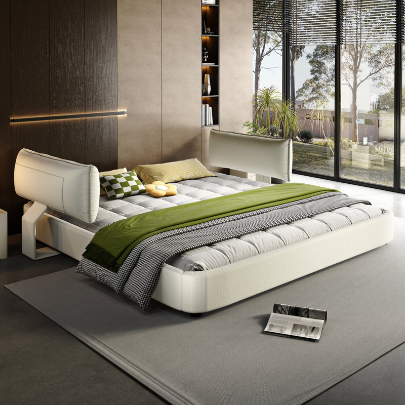 Structure de lit Cloud avec tête de lit mobile surdimensionnée et rembourrée, lit tapissier en chenille avec coin rond, support double à lattes en bois massif et en métal, aucun sommier nécessaire