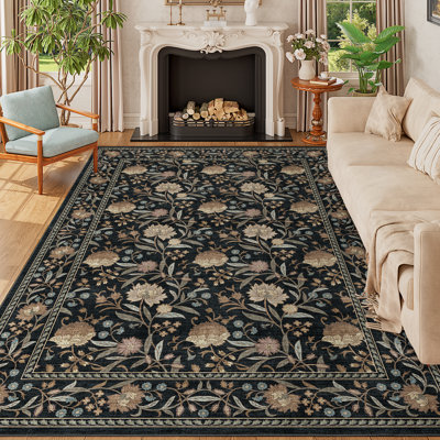 6x9 Rug for Living Room, Soft Vintage Floral Washable Area Rug, Low Pile & Stain Resistant Lightweight Low Pile Indoor Mat for Bedroom, Nursery, Kid Playroom, Dining Room, Home Office, Black