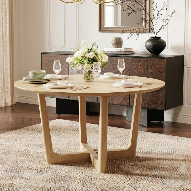 47'' Modern Round Solid Wood Dining Table with Cross-Leg Base, Oak