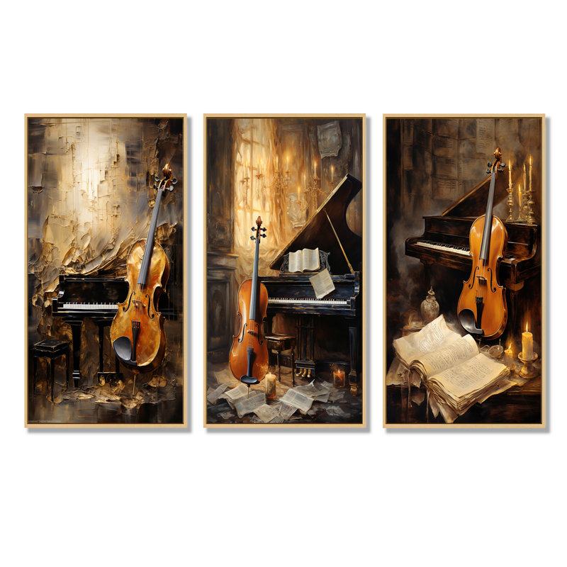 Ensemble de 3 reproductions d'art sur toile rétro violon et piano, Cadre flottant brun, H 32 po x l 48 po