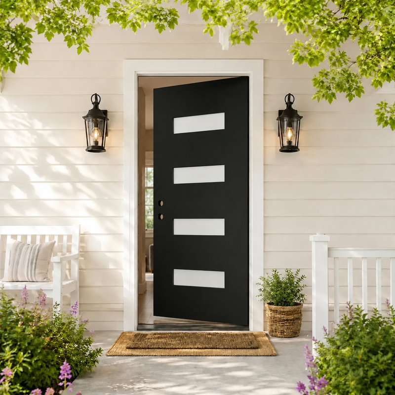 Porte d'entrée contemporaine en fibre de verre 4 lumières, verre givré noir, à droite vers l'intérieur, Right Hand/Inswing