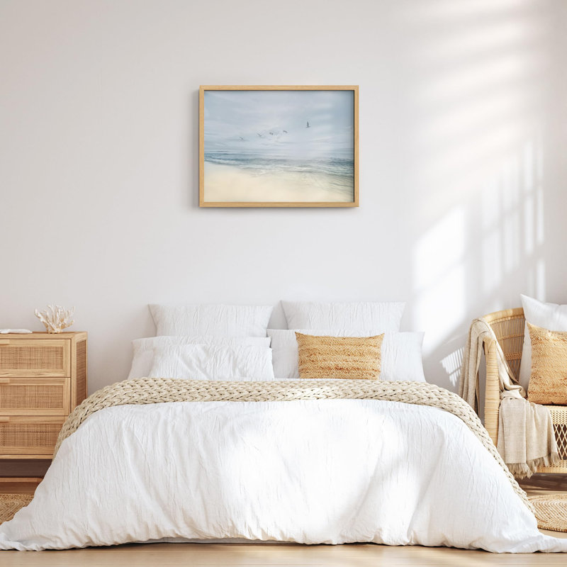 Volée d'oiseaux au-dessus de la plage, océan, Illustration moderne, petit décor, œuvre d'art moderne, H 11 po x l 14 po