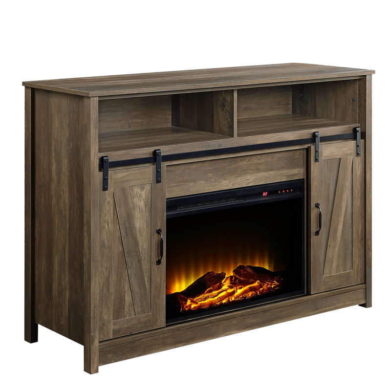 Rectangular Tv Stand With Rustic Oak Finish Fireplace, 2 Door Storages, Open Compartments, Sliding Barn Door, Kd Design, 15Mm Top Thickness, Plastic+Glass Particle Board, , Metal, Veneer Paper , 4777