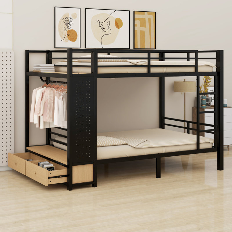 Metal Bunk Bed With Storage Shelves ,Drawers And Pegboard, Full Over Full