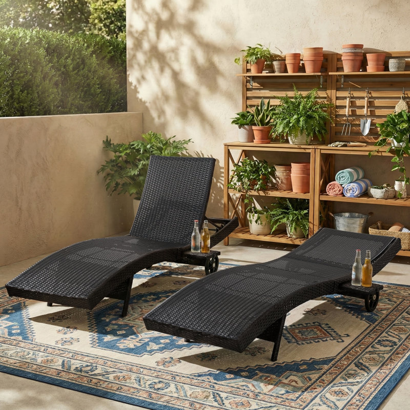 Set Of 2 80" Patio Wicker Chaise Lounge Chairs, Outdoor Rattan Reclining Lounge Chair W/ Rolling Wheels & Pull-Out Side Table, Adjustable Backrest, Ergonomic Wave Design For Poolside, Deck
