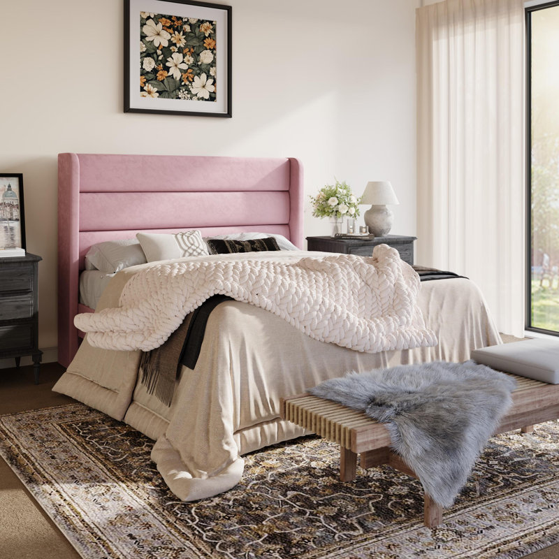 Modern Velvet Upholstered Platform Bed With Wooden Slats Wingback Headboard Included, Full, Pink