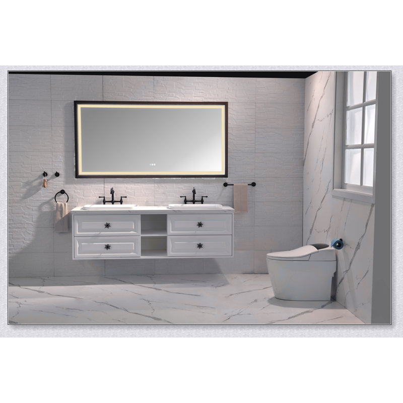 Miroir de salle de bain à DEL avec cadre en aluminium, fixation murale, antibuée, mémoire, 3 couleurs, gradation continue