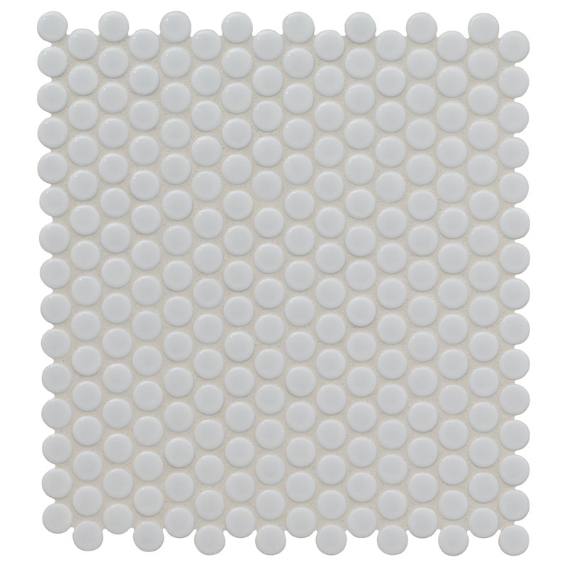 Ackland Silica White Glossy Penny Round 12 in. x 13 in. Porcelain Mosaic Floor and Wall Tile, Glossy Silica White