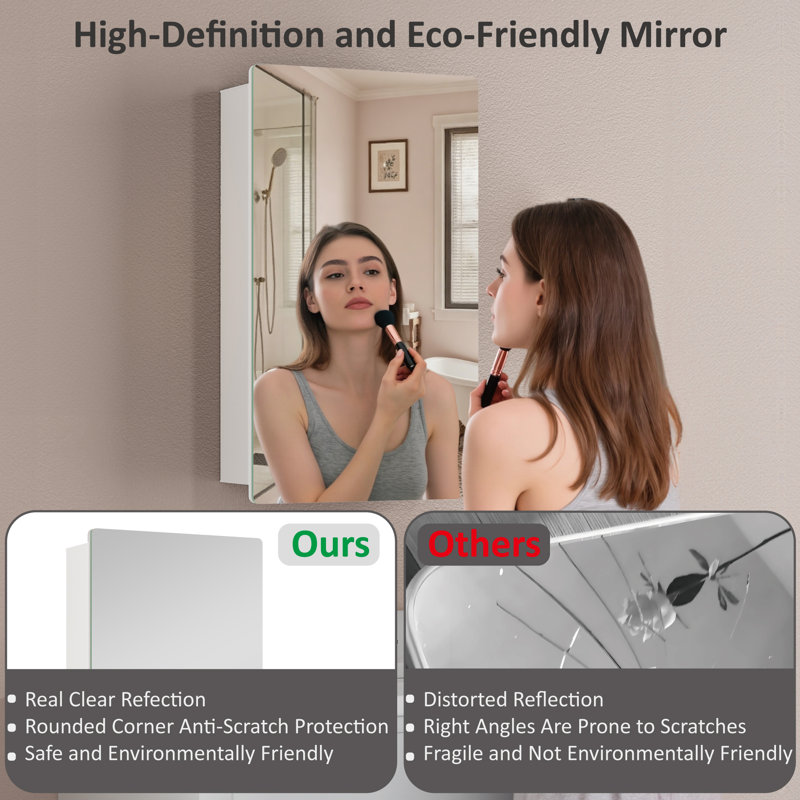 14" W X 24" H Surface or Recessed Mount Medicine Cabinet with Mirror, Aluminum Frame and Adjustable Tempered Glass Shelves for Makeup, Shaving or Bathroom Vanity Storage