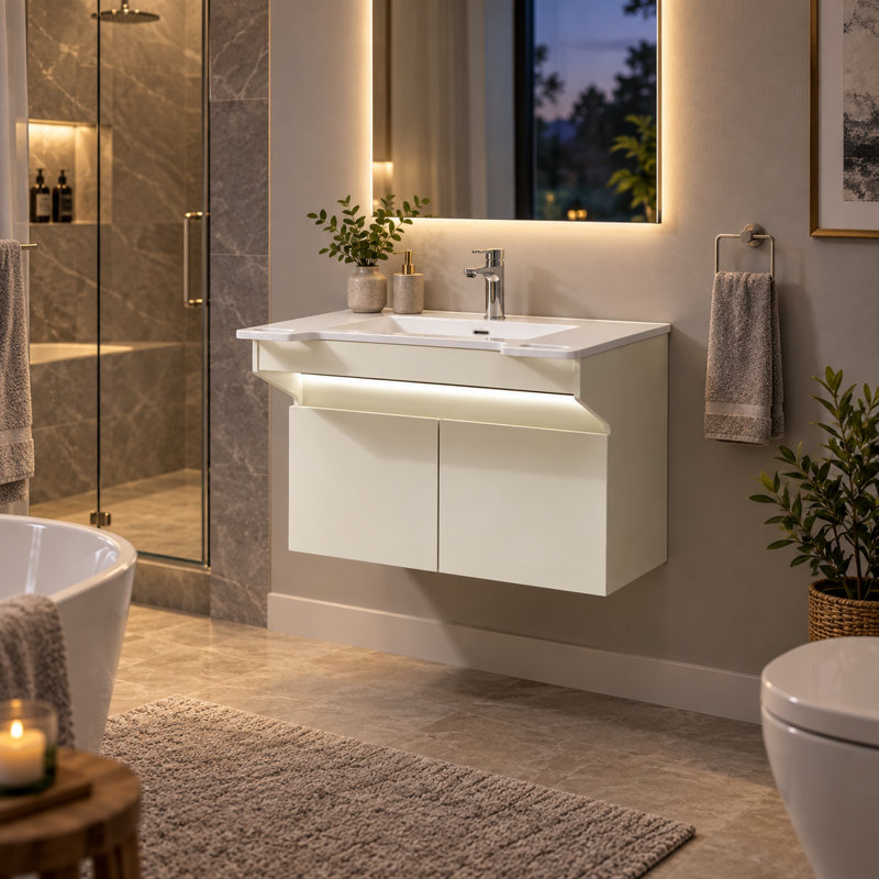 Meuble-lavabo mural en résine 32 po avec lumière à détecteur de mouvement, poignées latérales et conception ADA-compatible