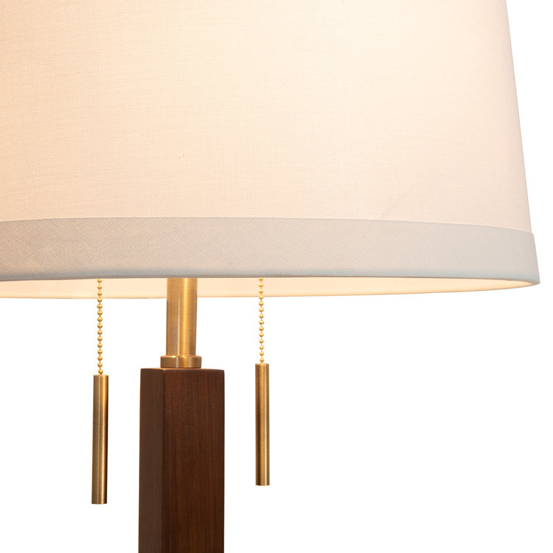 Swiss Cross Table Lamp - Dark Walnut Wood Finish, Weathered Brass, White Linen Shade