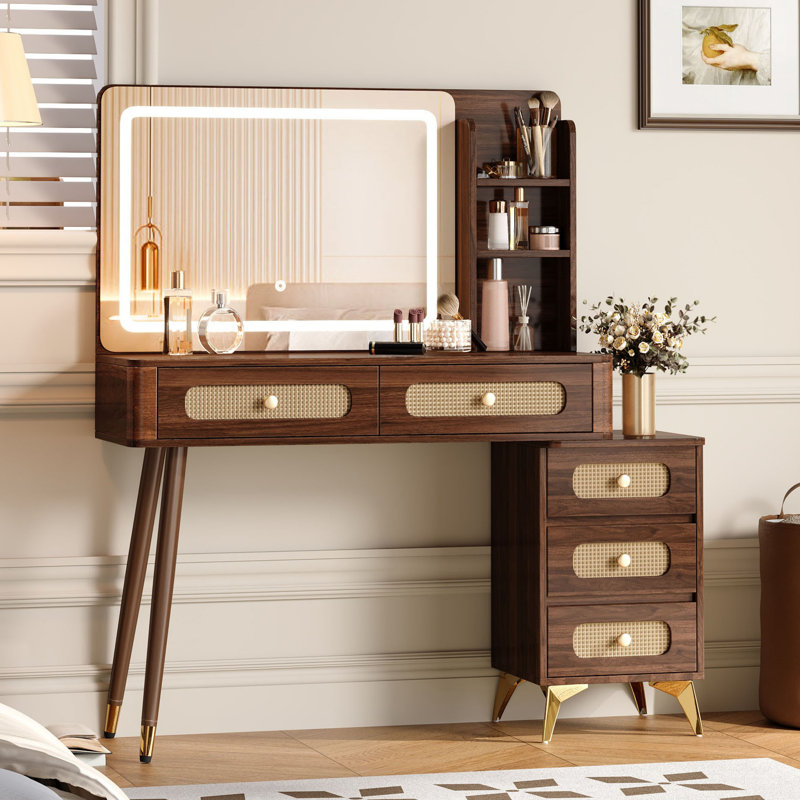 47" Vintage Makeup Vanity Desk With LED Mirror, 5 Storage Drawers & Adjustable Brightness, Dark Walnut, Dark Walnut