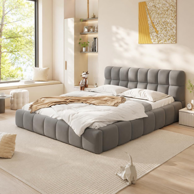 Upholstered Double Bed with Unique Mattress Design, Grey, Double (4'6)