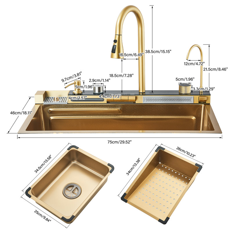 Kitchen Sink 304 Stainless Steel Single Bowl Kitchen Sinks, Digital Display Waterfall Sink, With Pull Down Sprayhead Faucet, With Pressurized Cup Washer and Two Waterfalls