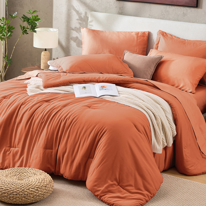 Sasttie Burnt Orange Queen Comforter Set 7-Piece, Pre-Washed Bed in a Bag, Queen, Burnt Orange