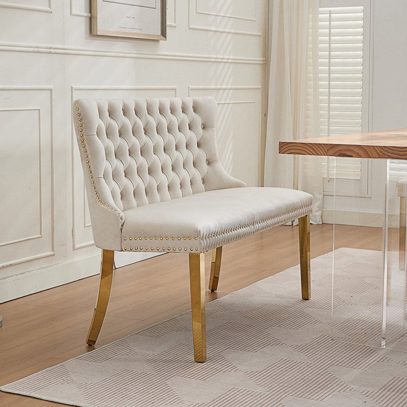 Banc à oreilles à oreilles, cuisine et salle à manger, banc capitonné à 2 places avec boutons faits à la main, Beige Velvet